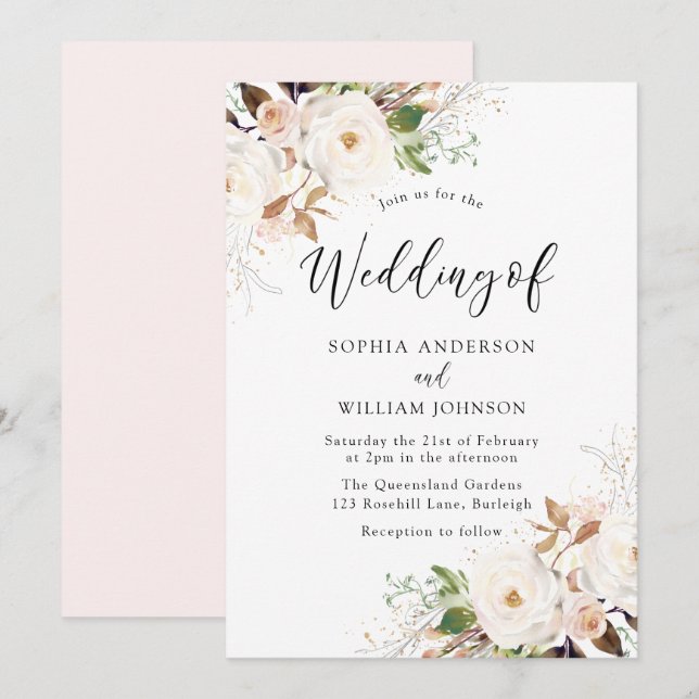 Blush White Wonderland Flowers Faire-part de maria (Devant / Derrière)
