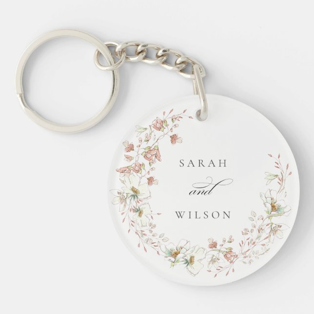 Blush White Yellow Meadow Floral Wreath Wedding Keychain (Front)