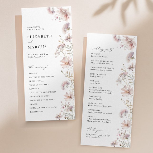 Blush Wildflower Boho Wedding Program (Blush wildflower wedding program with elegant serif typography and soft floral design)