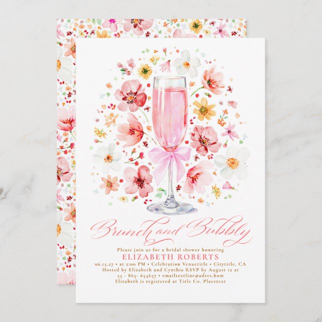 Blush Wildflower Brunch and Bubbly Bridal Shower Invitation (Front/Back)