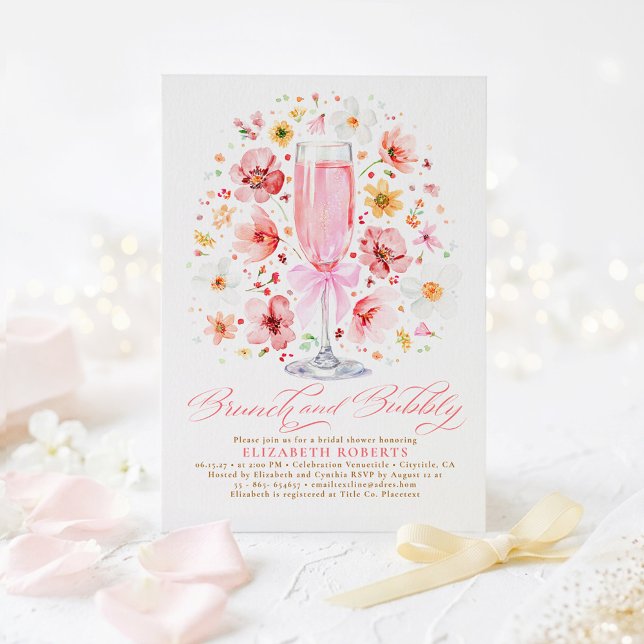 Blush Wildflower Brunch and Bubbly Bridal Shower Invitation (Blush Pink Watercolor Flowers Brunch and Bubbly Bridal Shower Invitations)