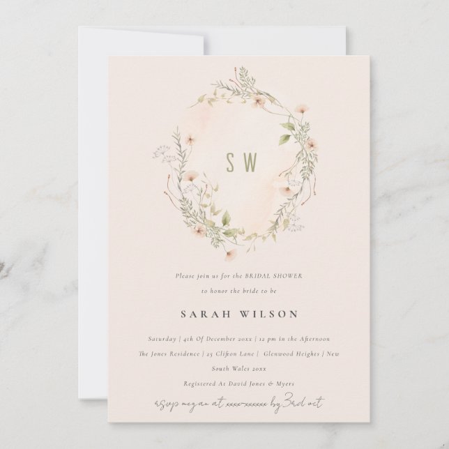 Blush Wildflower Flora Wreath Bridal Shower Invite (Front)