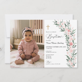 Blush Wildflower Girl Baptism Photo Invitation