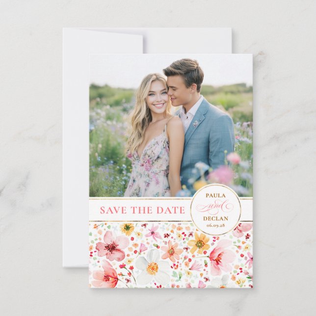 Blush Wildflower Save the Date Photo Card (Front)