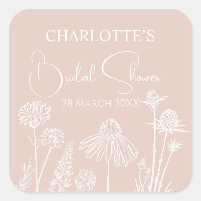 Blush Wildflowers Sketched Floral Bridal Shower  Square Sticker (Front)