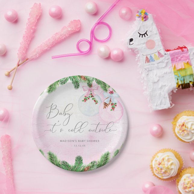 Blush Winter Christmas Baby Shower Paper Plate (Party)