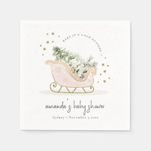 Blush Winter Sleigh Its Cold Outside Baby Shower Napkin