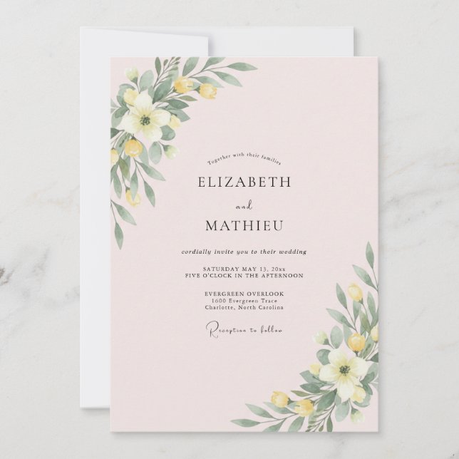 Blush Yellow Leaf Wreath Wedding Invitation (Front)