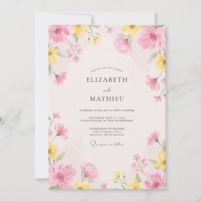 Blush Yellow Painted Petal Wedding Invitation (Front)