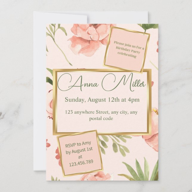 Blushing Blooms Birthday Bash Invitation (Front)