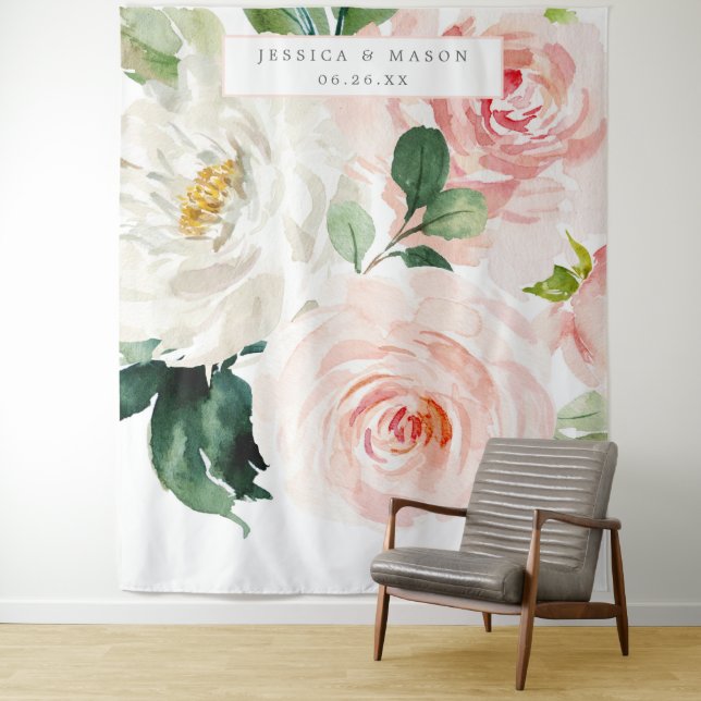 Blushing Blooms Large Wedding Backdrop Photo Booth Tapestry (In Situ)