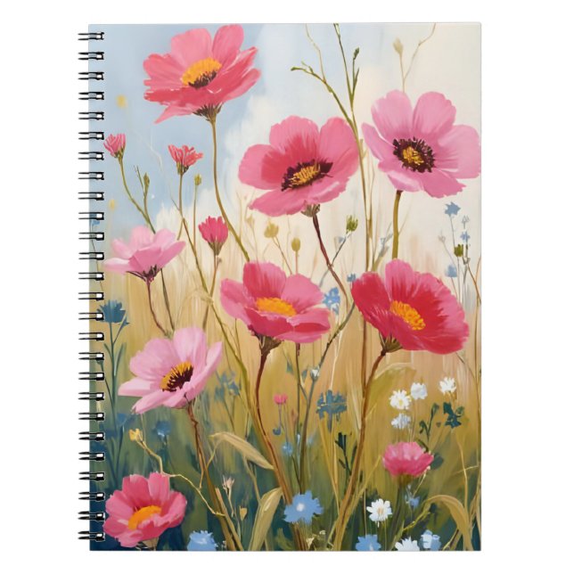 Blushing Blooms | Pink Flower Meadow Floral Notebook (Front)