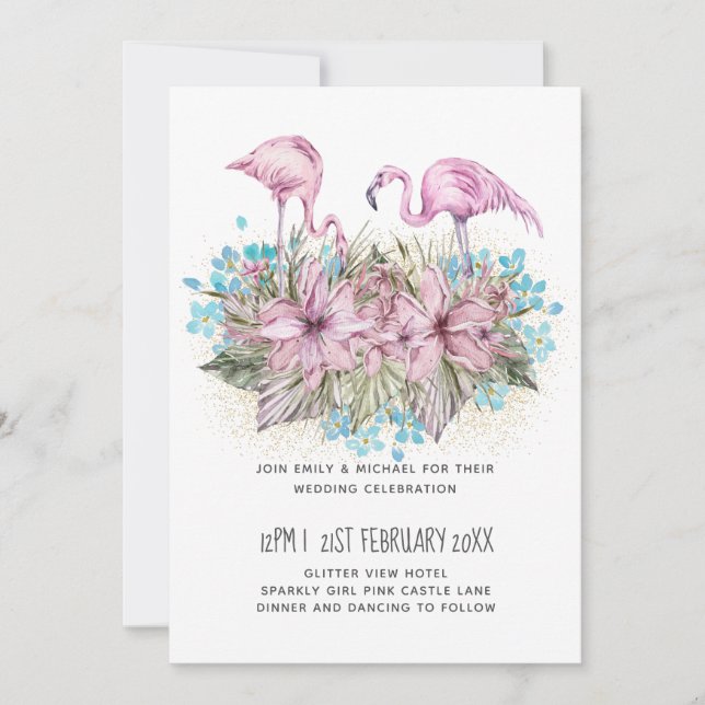 Blushing Flamingos Tropical Beach Wedding  Invitation (Front)