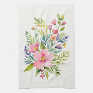 Blushing Garden Watercolor Floral Bouquet Kitchen Towel