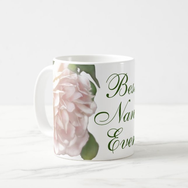 Blushing Ivory pink peach floral Rose Nana Coffee Mug (Front Left)