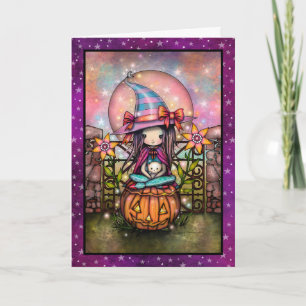 Blushing Moon Cute Witch and Cat Art Card