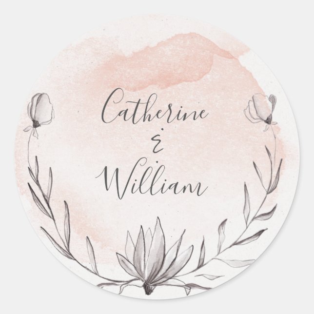 Blushing Peach Floral Wreath Wedding Classic Round Sticker (Front)