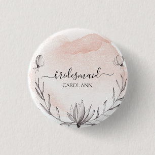 Blushing Peach Watercolor Bridesaid 1 Inch Round Button