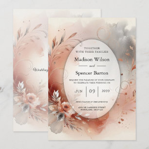 Blushing Petals and Silver Swirls Wedding Invitation