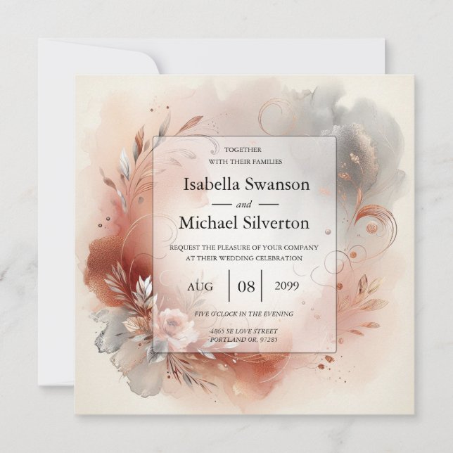 Blushing Petals and Silver Swirls Wedding Invitation (Front)