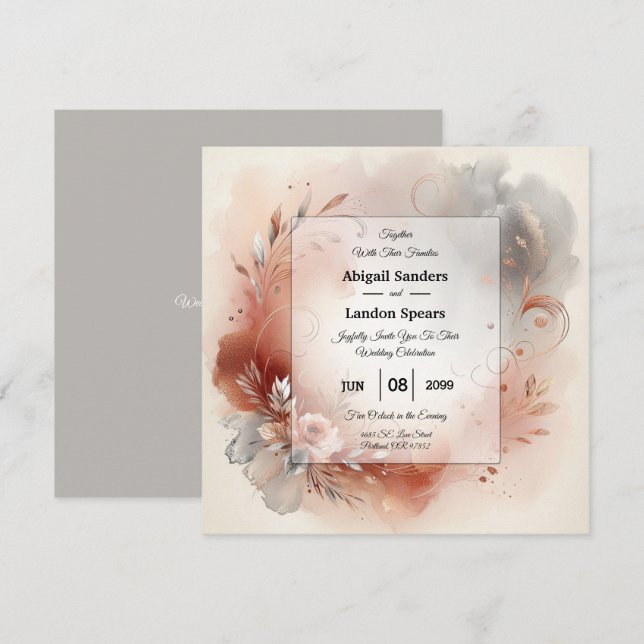 Blushing Petals and Silver Swirls Wedding Invitation (Front/Back)