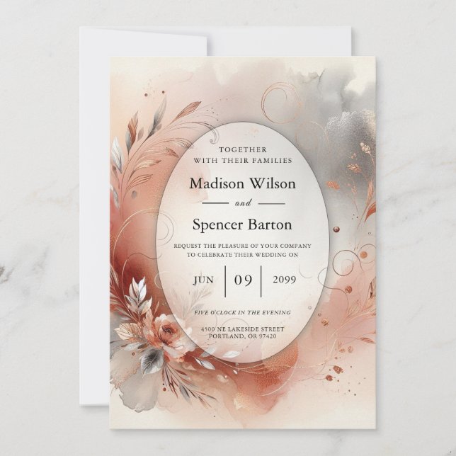Blushing Petals and Silver Swirls Wedding Invitation (Front)