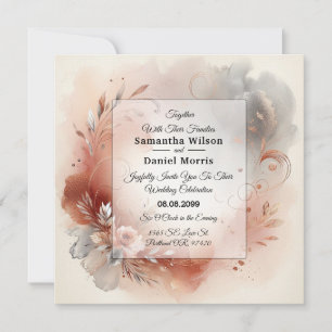 Blushing Petals and Silver Swirls Wedding Invitation