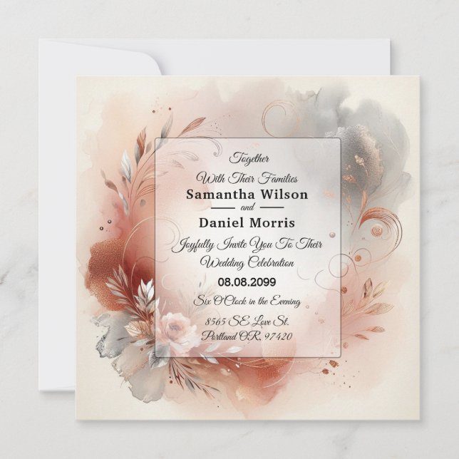 Blushing Petals and Silver Swirls Wedding Invitation (Front)