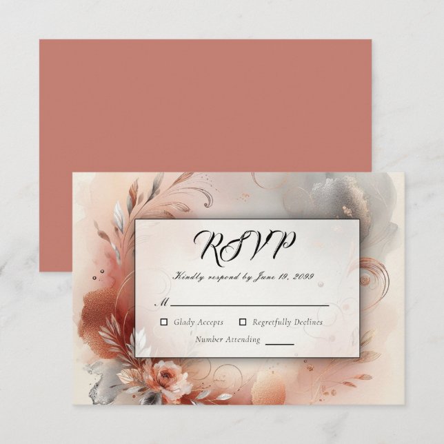 Blushing Petals and Silver Swirls Wedding RSVP Card (Front/Back)