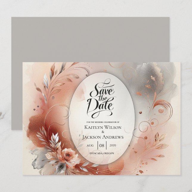 Blushing Petals and Silver Swirls Wedding Save The Date (Front/Back)