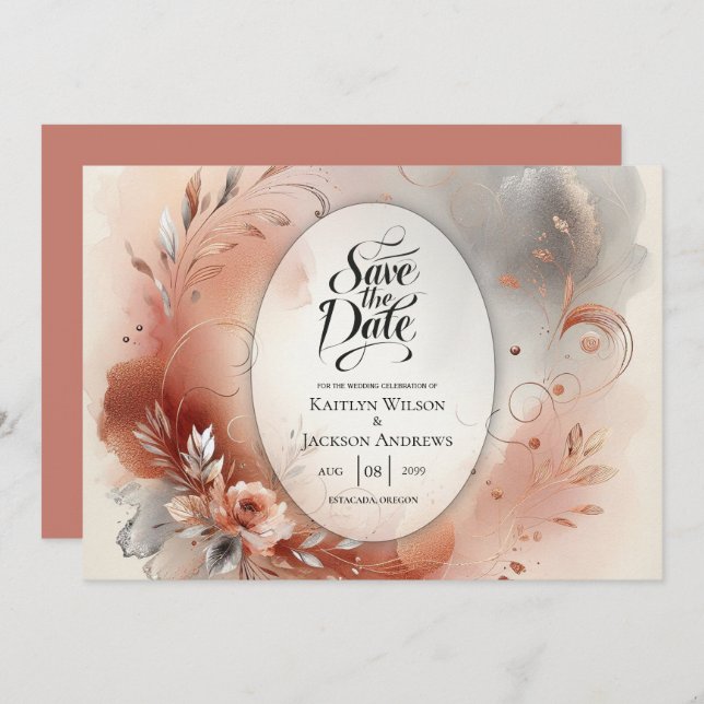 Blushing Petals and Silver Swirls Wedding Save The Date (Front/Back)