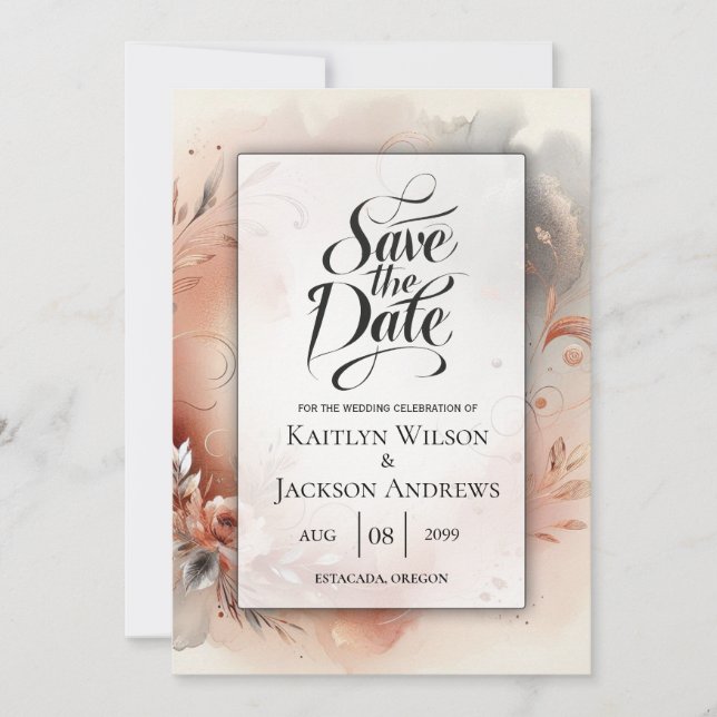 Blushing Petals and Silver Swirls Wedding Save The Date (Front)