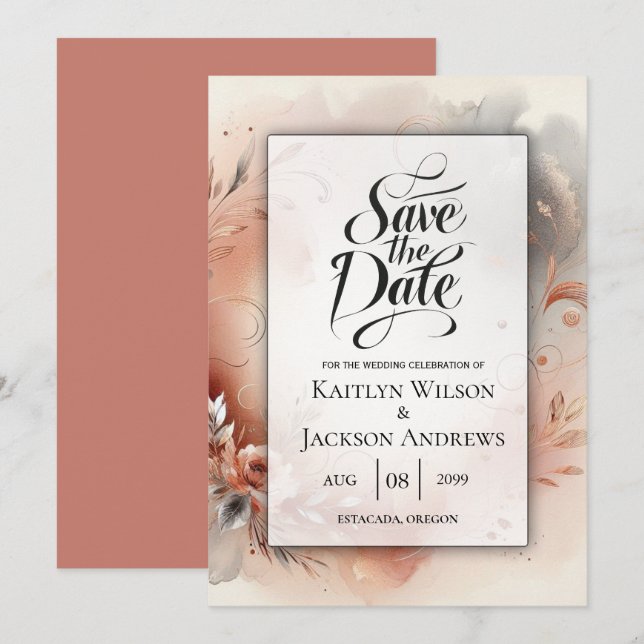Blushing Petals and Silver Swirls Wedding Save The Date (Front/Back)