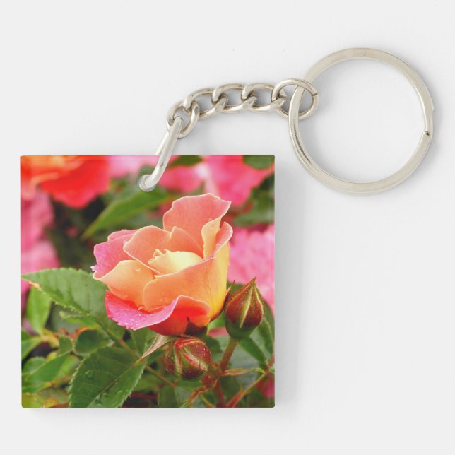 Blushing Pink and Orange Rose Bud Keychain (Back)