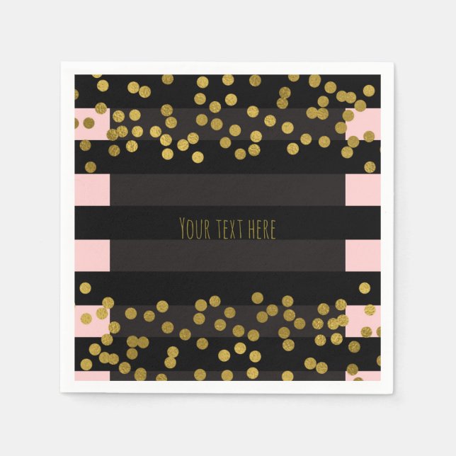 Blushing Pink & Black Stripes Gold Faux Foil Dots Napkin (Front)
