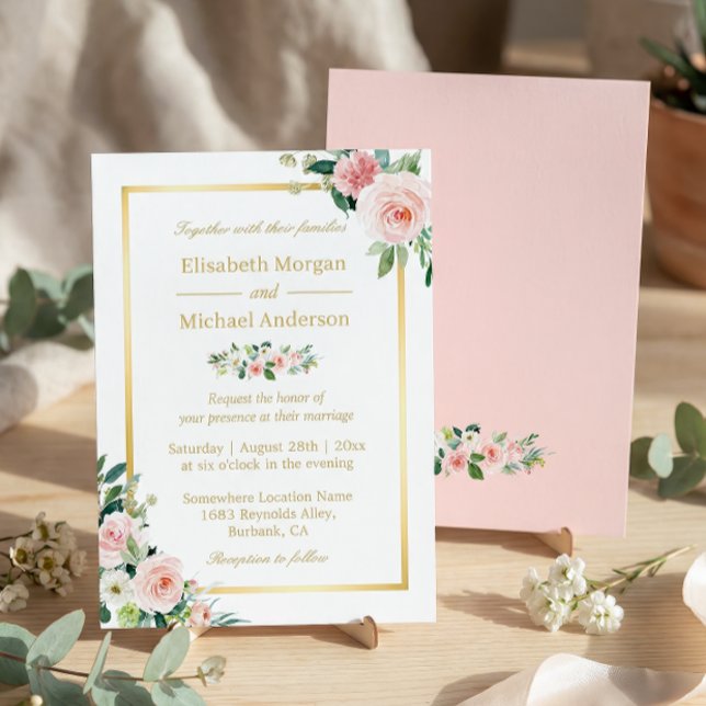 Blushing Pink Floral Gold Frame Elegant Wedding Invitation (Creator Uploaded)
