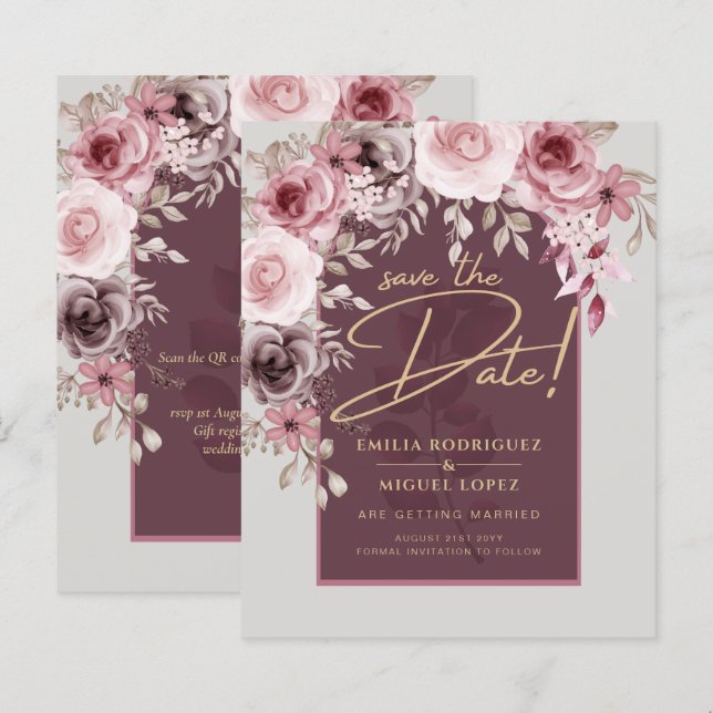 Blushing Pink Maroon Floral Wedding SAVE THE DATE (Front/Back)