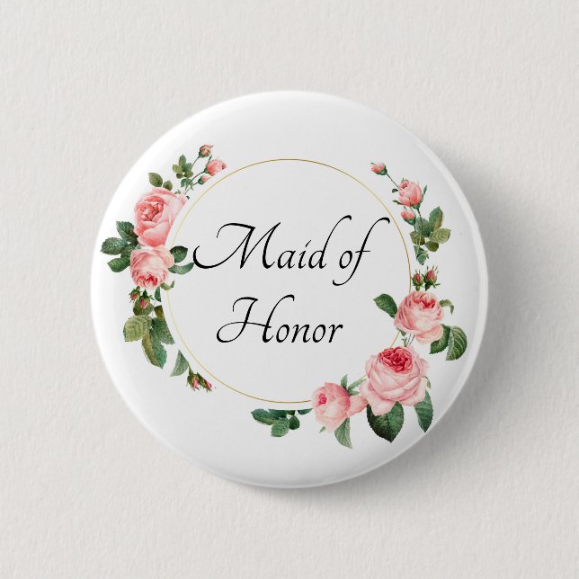 Blushing Pink Rose Maid of Honour 2 Inch Round Button (Front)