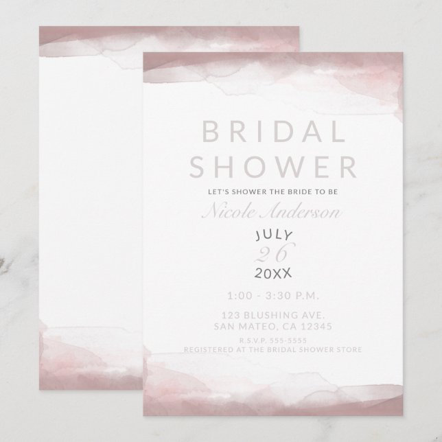 Blushing Pink Watercolor Modern Chic Bridal Shower Invitation (Front/Back)