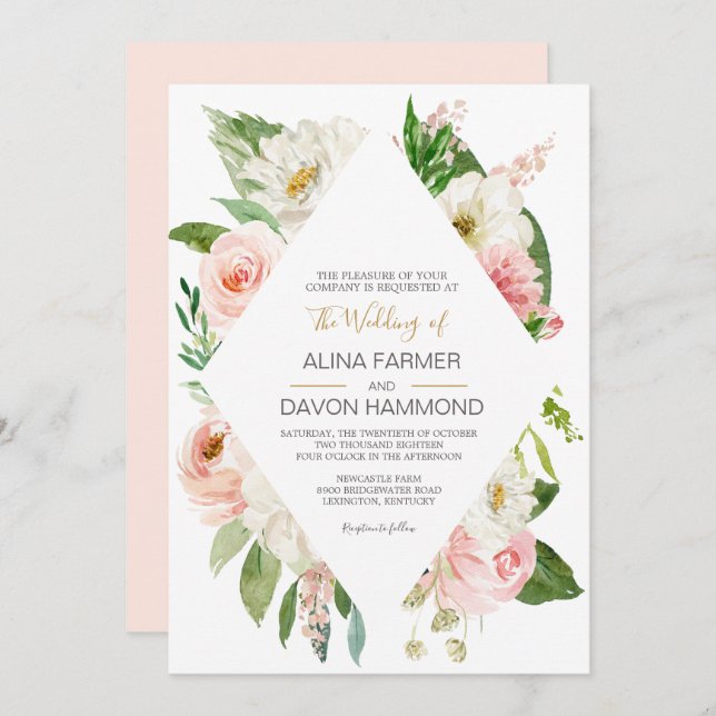 Blushing Rose Blush Pink and White Floral Wedding Invitation (Front/Back)