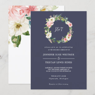 Blushing Rose Navy & White Wreath Monogram Wedding Invitation