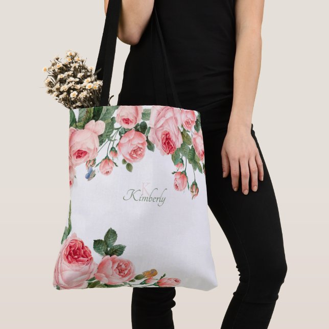 Blushing Rose Pink Floral Initial Monogram Tote Bag (Close Up)