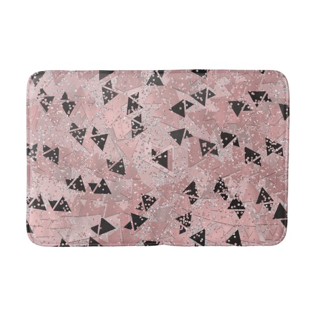 Blushing Rose Pink Gold & Black Triangles Pattern Bath Mat (Front)