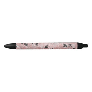 Blushing Rose Pink Gold & Black Triangles Pattern Black Ink Pen