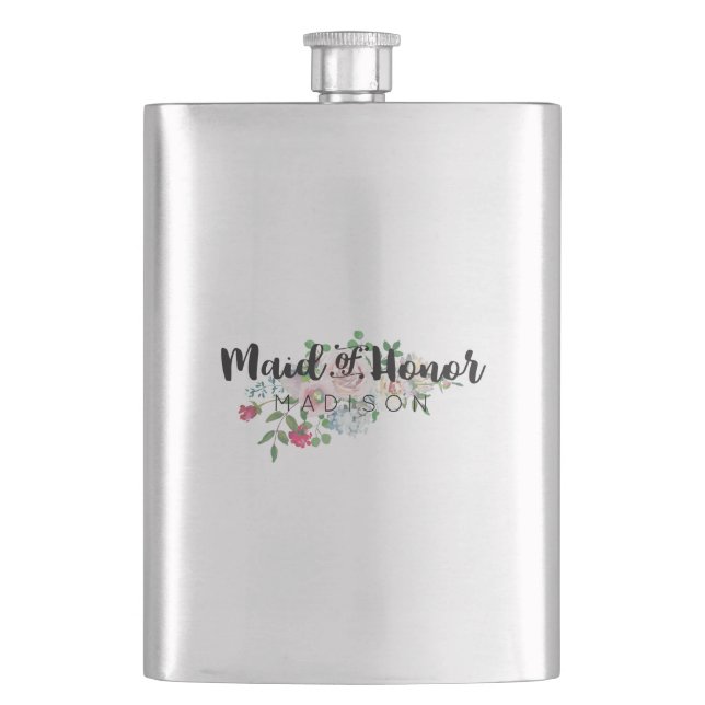 Blushing Rose Watercolor Wedding Maid of Honour Hip Flask (Front)