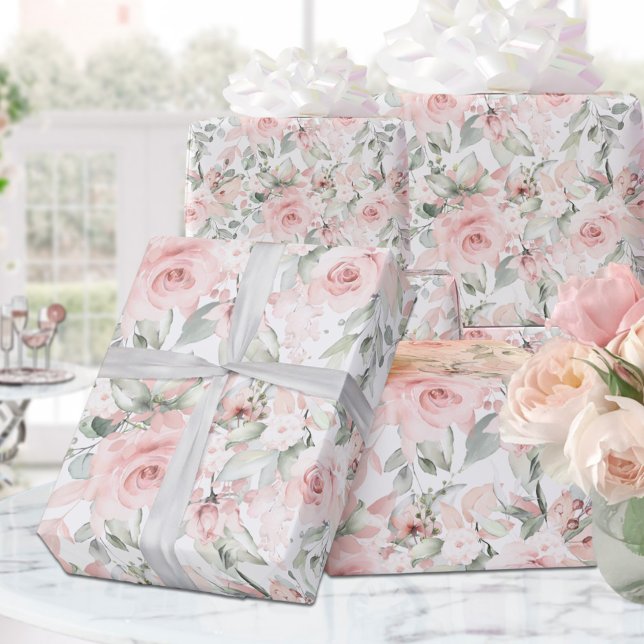 Blushing Roses Blush Pink On White Wedding Wrapping Paper (Creator Uploaded)