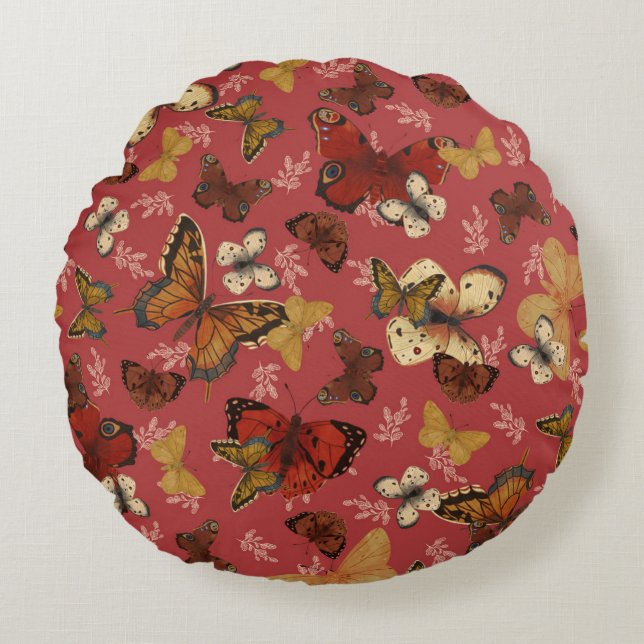 Blushing Wings – Pink Butterfly Pattern Round Pillow (Front)