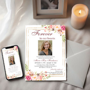 BlushPink Boho Gold Memorial Service Funeral Photo Invitation