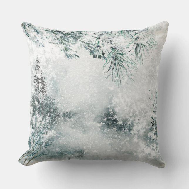 Blustering Winter Woodland Snow Storm Pine Needles Throw Pillow (Front)