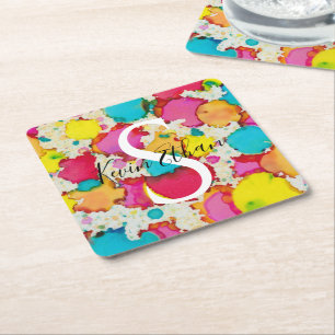 BM Bar Bat Mitzvah Confetti Square Paper Coaster
